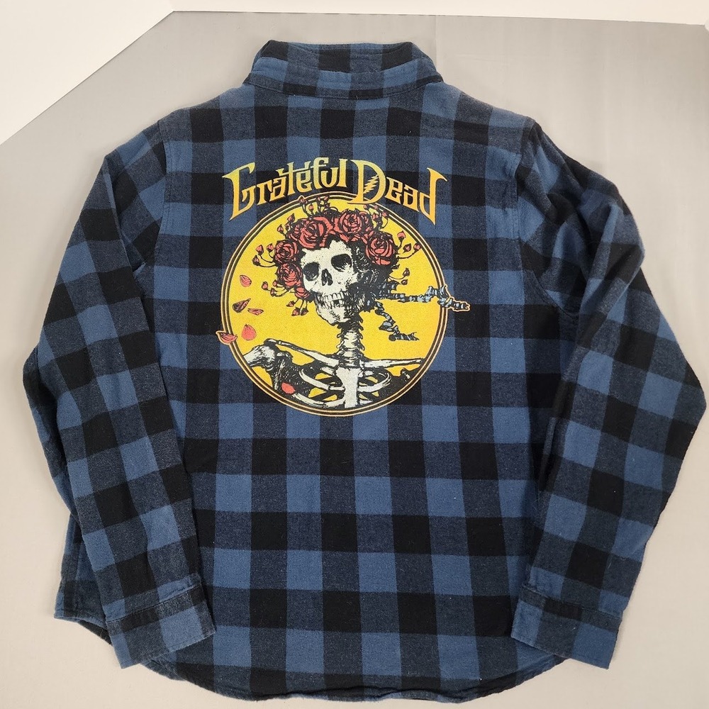 Grateful Dead Flannel Shirt Women MD Blue Good Buffalo Plaid Skull Graphic